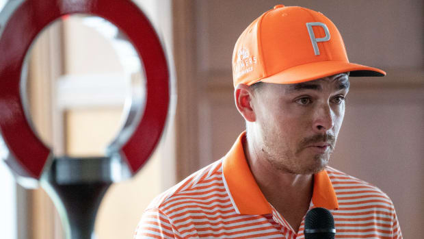 Rickie Fowler burst into tears as he speaks during the trophy presentation after winning the Rocket Mortgage Classic at Detroit Golf Club in Detroit on Sunday, July 2, 2023.